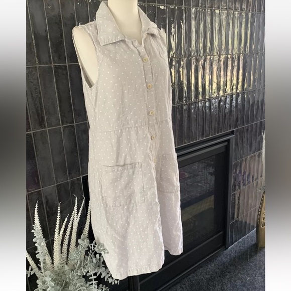 FLAX S Linen Sleeveless Shirtdress Gray Dot Knee Length Dress Pockets - Picture 6 of 6